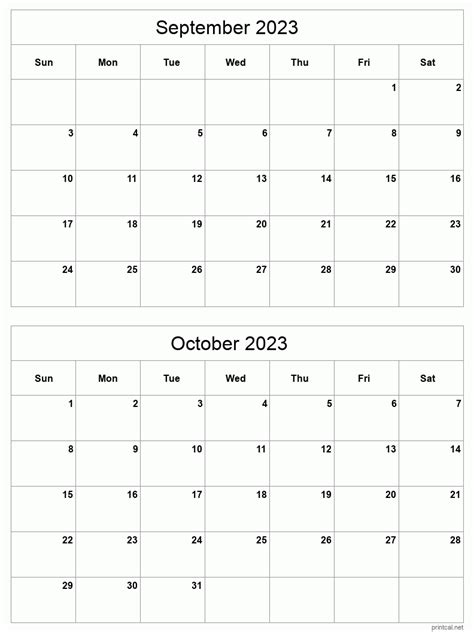 september  october  printable calendar  months  page