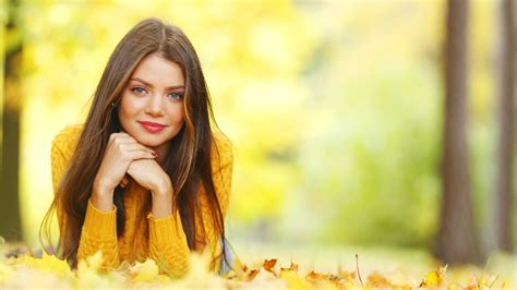 wallpaper face sunlight trees fall leaves women outdoors model depth of field long