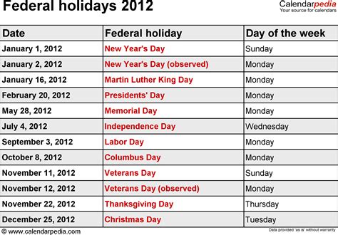 federal holidays