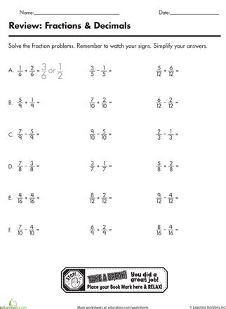addition  subtraction  fractions worksheets grade