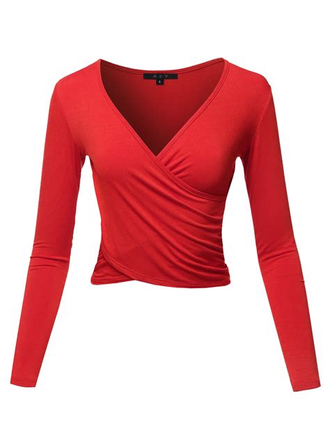 A2y Womens Long Sleeve Deep V Neck Cross Wrap Crop Top T Shirts Red M