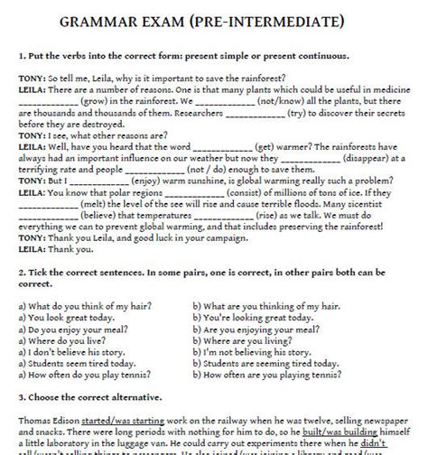 grammar exam sheet pre intermediate adult learners
