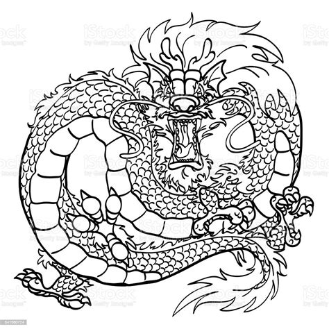 furious asian dragon black contour on white stock illustration