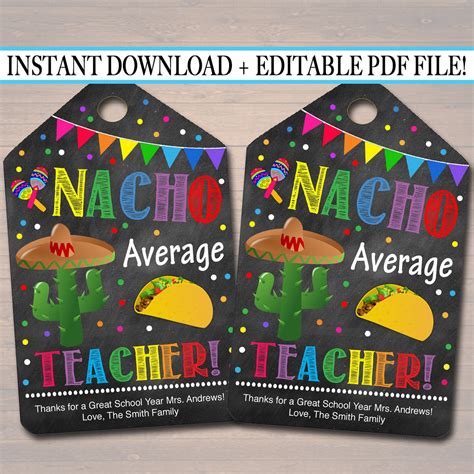 nacho average teacherstaff appreciation printable gift tag tidylady