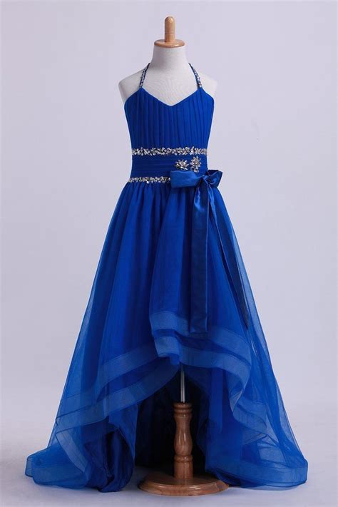 dark royal blue halter   high  flower girl dresses beaded tulle flower girl
