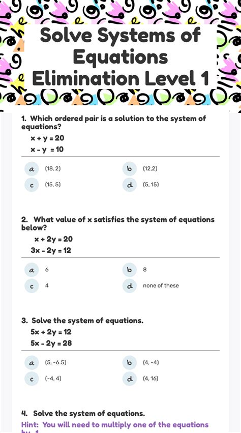 solve systems  equations elimination level  interactive worksheet