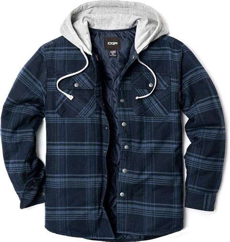 cqr mens hooded quilted lined flannel shirt jacket long sleeve plaid