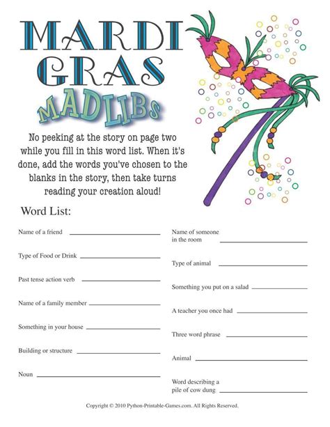 mardi gras mad libs party game
