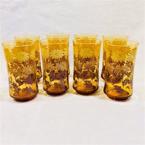 libbey amber glass ombre daisy tumblers set of 8 vintage