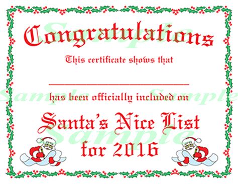 printable certificates  santa nice list certificate
