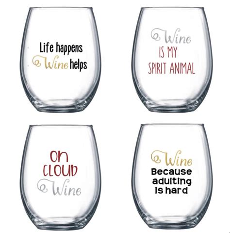Set Of 4 Stemless Wine Glasses With Funny Cute Sayings Etsy