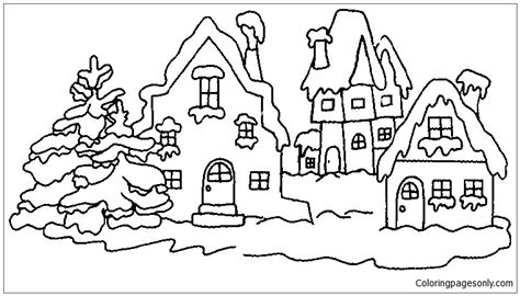 village  winter  coloring page  printable coloring pages