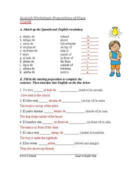spanish prepositions  place worksheet preposiciones de lugar dentro