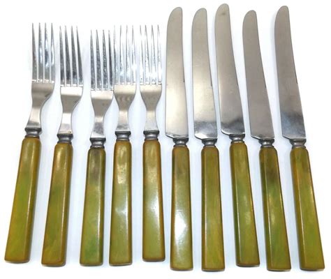 vtg lot  sta brite silverware flatware forks knives green bakelite handles  green
