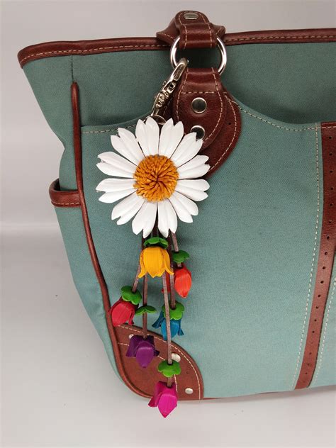 sun flower white keychain flower leather genuine bag charm etsy
