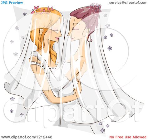 Cartoon Of A Female Same Sex Couple Embracing At Their Wedding