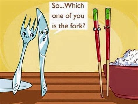 cartoon knife and fork looking at cartoon chopsticks word balloon from knife so which one