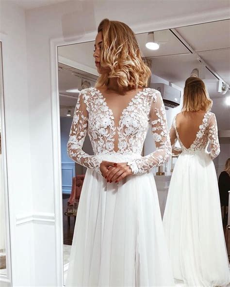 simple    neck open  ivory lace long sleeves prom dresses cr  long sleeve