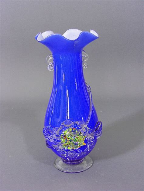 Vintage Blue Cased Glass Vase Blue Glass Vase Hand Blown Glass Vase