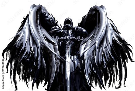 Mystical Angel In Hood And Armor With Big Black Wings And Crystal Sword