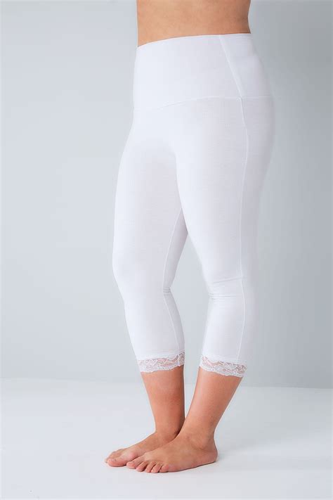 White Tummy Control Cropped Leggings With Lace Trim Plus Size 14 16 18