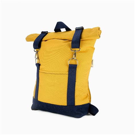 roll top backpack yellow canvas  blue straps pennyp