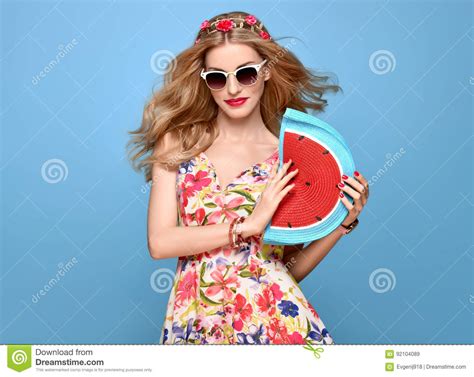 fashion beauty sensual blond model summer outfit stock