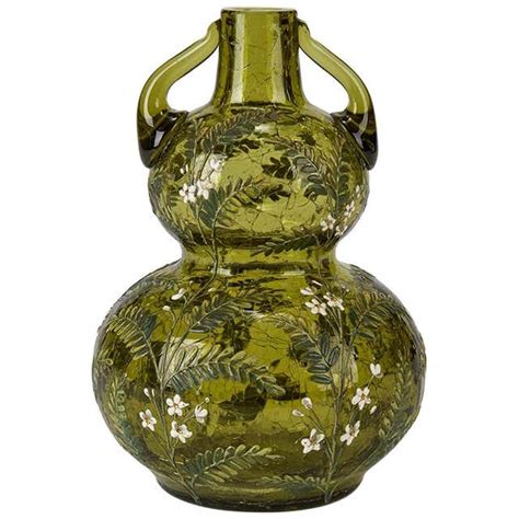 Moser Floral Enameled Green Crackle Glass Vase 19th Century At 1stdibs