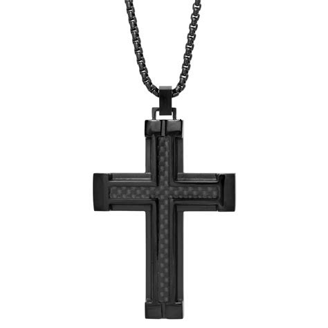 overstock stainless steel  carbon fiber cross pendant  black