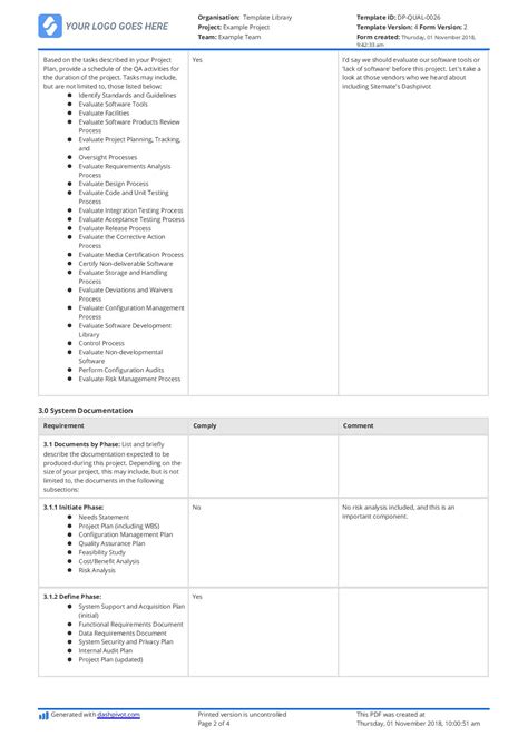 quality assurance plan checklist   editable template