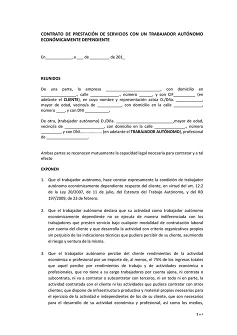 Modelo De Contrato Trabajador Autónomo Dependiente