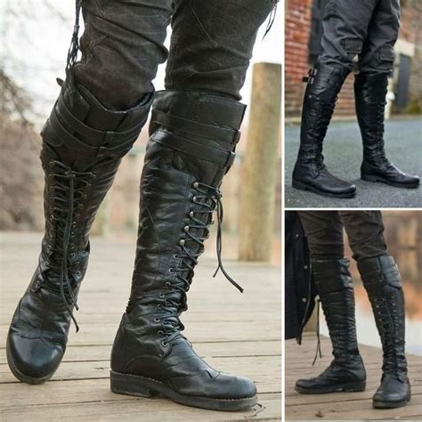 Men S Vintage Medieval Knee High Boots Cross Strap Lace Up