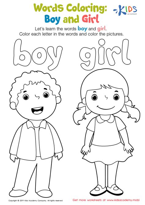 boy  girl words coloring worksheet  coloring page printout  kids