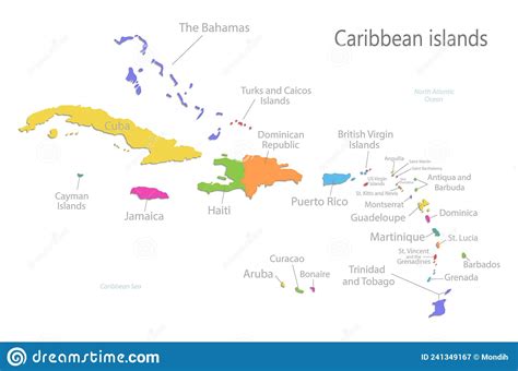 Caribbean Islands Map Island With Names Color Map Isolated On White