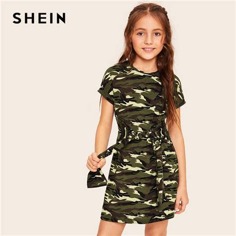 shein kiddie girls tie waist camouflage casual tee dress kids clothing  summer short sleeve