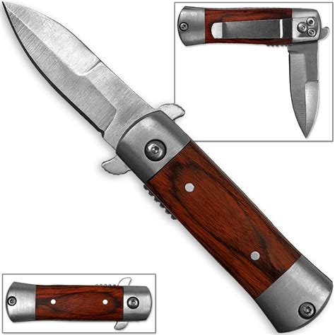 mini stiletto spring assist knife  pakkawood handle edge import