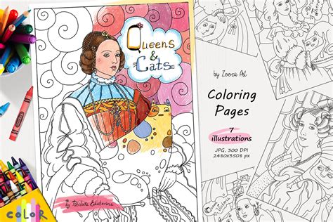queens  cats coloring pages illustrations creative market