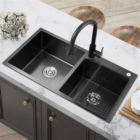 black stainless steel kitchen sink double bowl vegetable washing sink black titanium technology