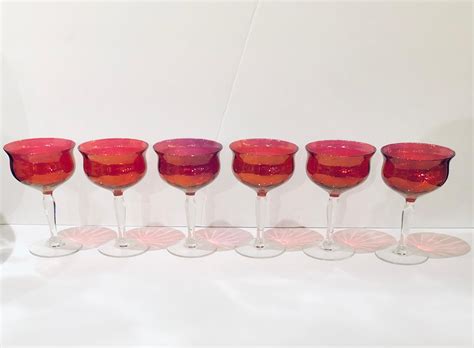 Vintage Ruby Red Crystal Clear Stem Wine Glass Set Of 4