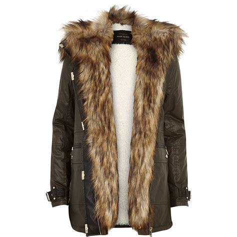 river island khaki faux fur trim parka jacket  natural lyst