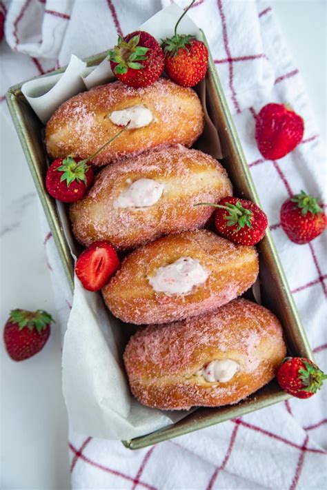 strawberry cream filled doughnuts bakes by brown sugar