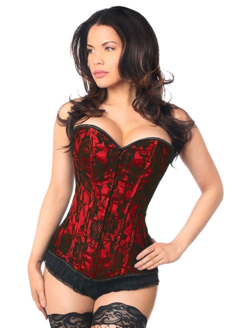 lavish red lace overlay overbust corset with zipper front