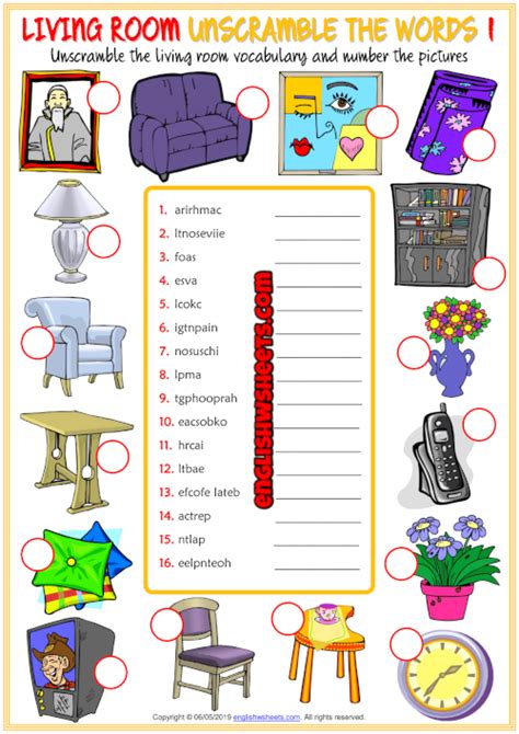 living room objects esl unscramble  words worksheets