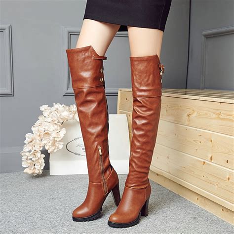 ladies pu leather knee high boots square high heel fashion boots
