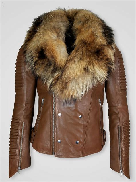 womens brown fur collar leather jacket jackets maker