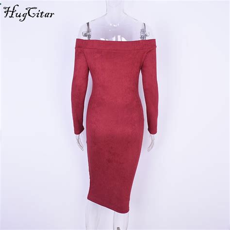 Suede Long Sleeve Off Shoulder Mid Calf Dress Female Sexy Bodycon