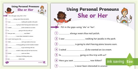 Using Personal Pronouns She Or Her Worksheet