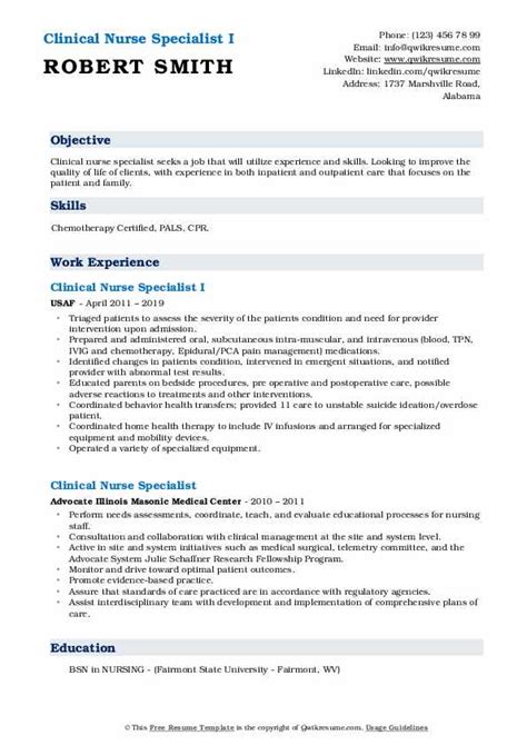 Clinical Nurse Specialist Resume Samples Qwikresume