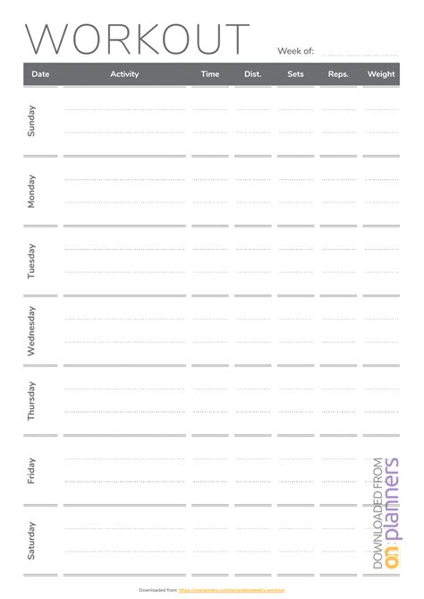 printable weekly workout template   blank workout