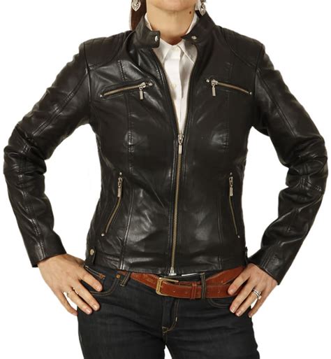Ladies Black Leather Biker Jacket With Quilting Detail
